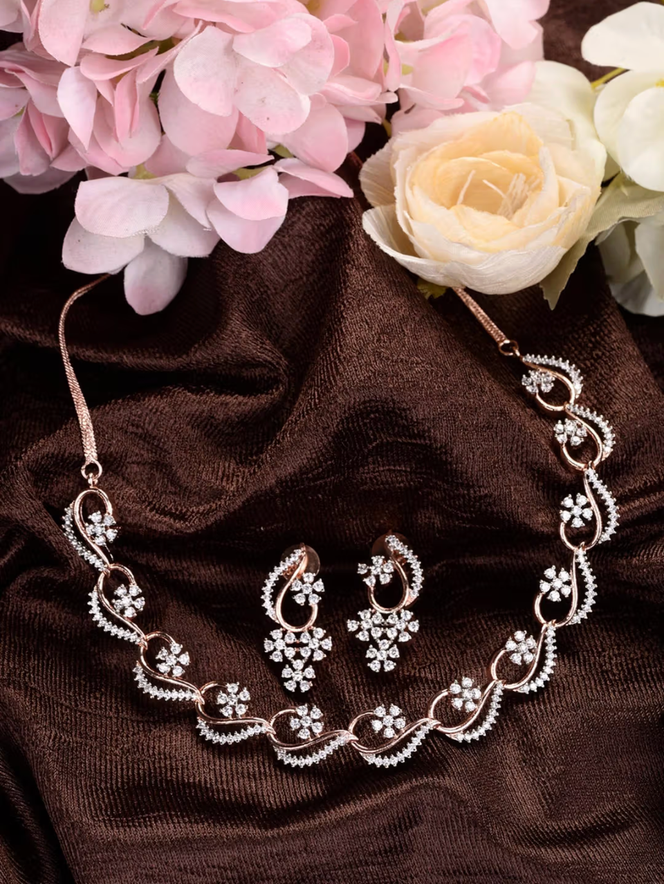 Rose Gold Plated AD Studded Necklace with Earrings Jewellery